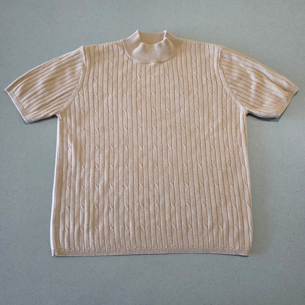 Laura Scott Womens Tan Cable Knit Mock Neck Short‎ Sleeve Sweater Size S